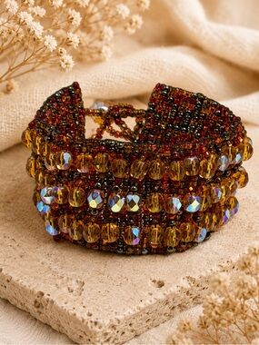 Handmade Amber Crystal Beaded Cuff Bracelet